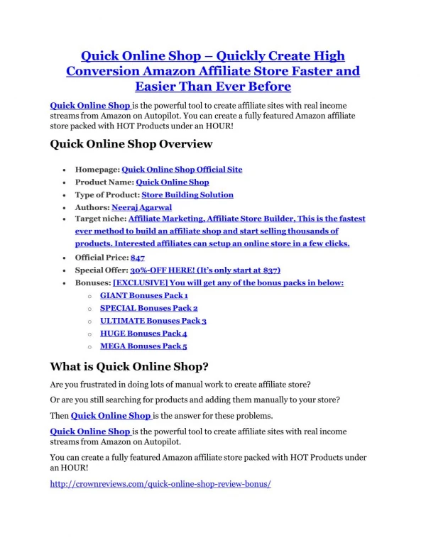 Quick Online Shop review - Quick Online Shop (SECRET) bonuses