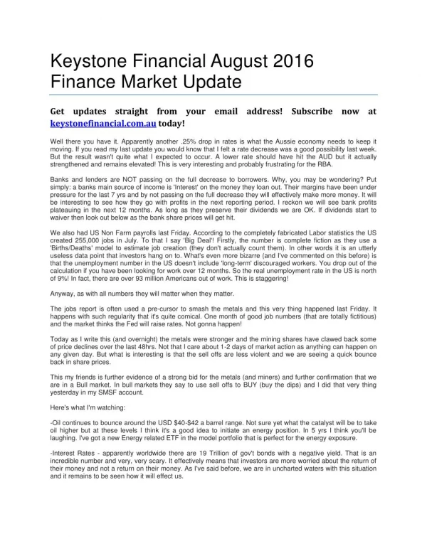 Keystone Financial August 2016 Finance Market Update