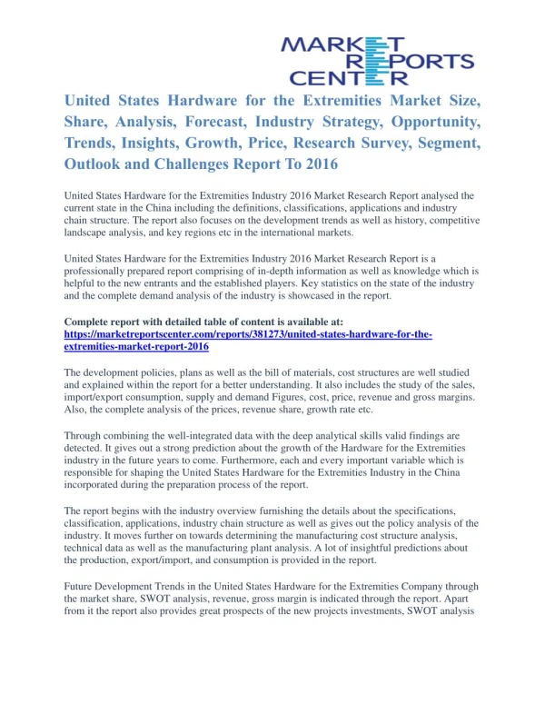 United States Hardware for the Extremities Market Key Vendors, Trends and Forecasts to 2016