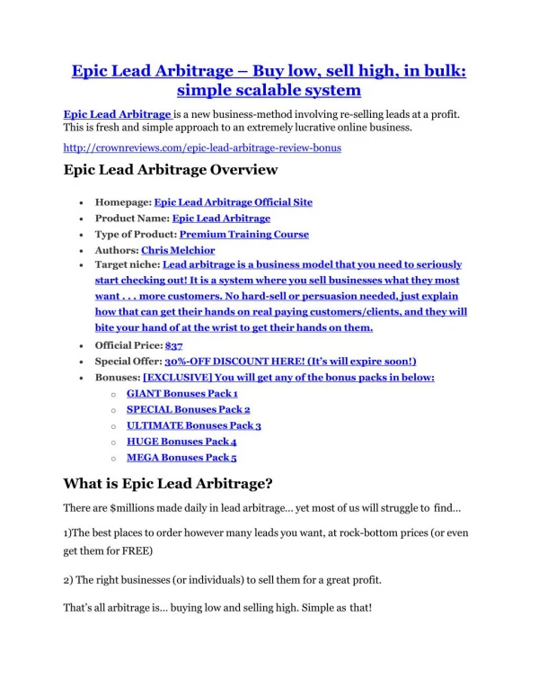 Epic Lead Arbitrage review and (GET) 100 items bonus pack