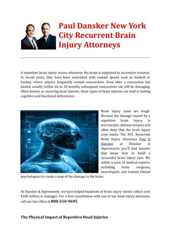 Paul Dansker New York City Recurrent Brain Injury Attorneys
