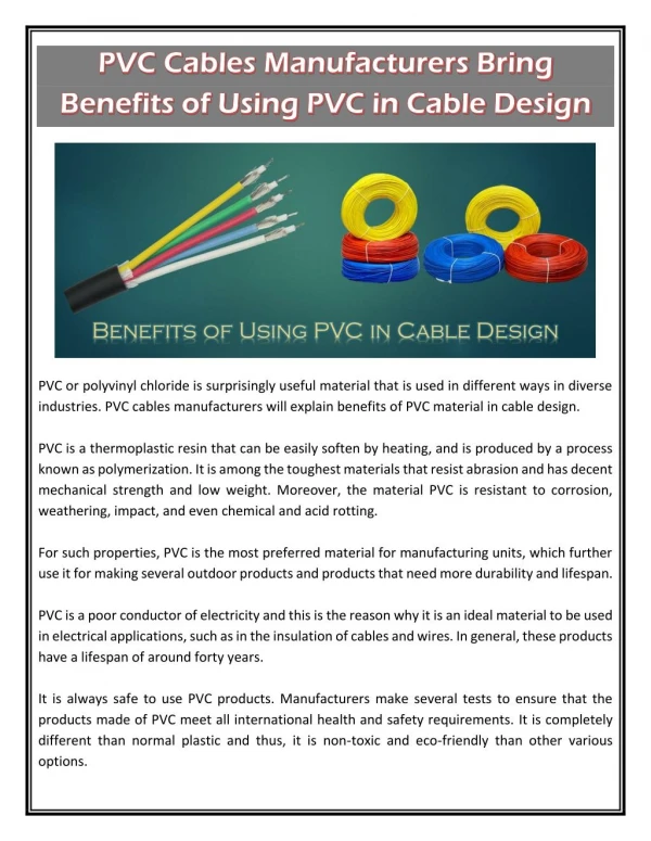 PVC Cables Manufacturers Bring Benefits of Using PVC in Cable Design