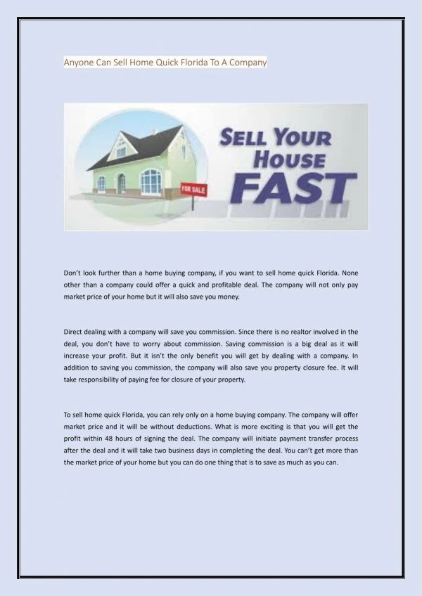 Anyone Can Sell Home Quick Florida To A Company