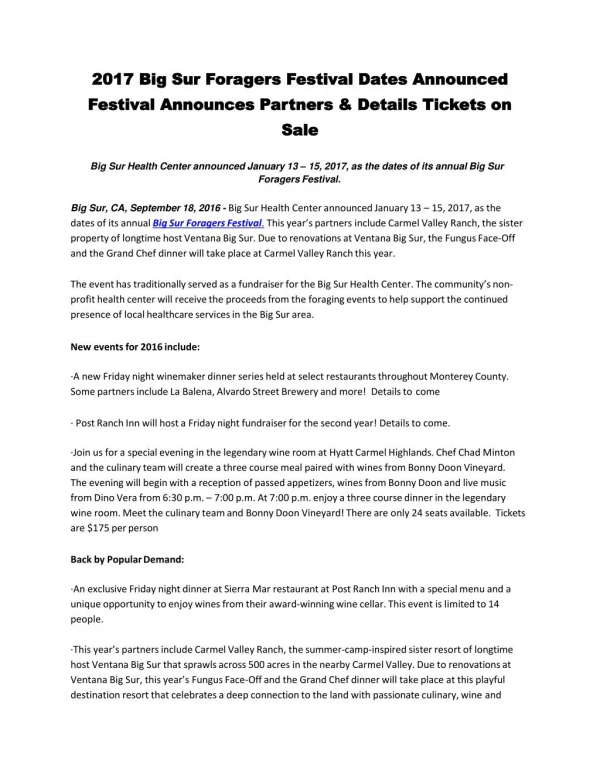 2017 Big Sur Foragers Festival Dates Announced Festival Announces Partners & Details Tickets on Sale