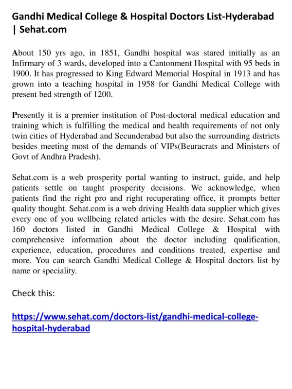 Gandhi Medical College & Hospital Doctors List-Hyderabad | Sehat