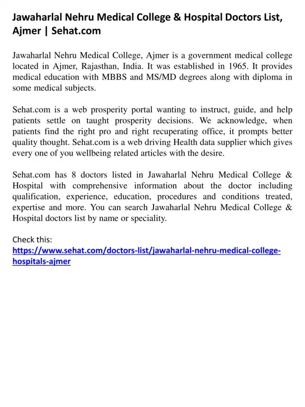 Jawaharlal Nehru Medical College & Hospital Doctors List, Ajmer | Sehat