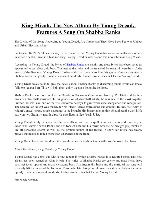 King Micah, the New Album by Young Dread, Features a Song on Shabba Ranks