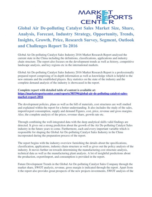 Air De-polluting Catalyst Sales Market Segmentation and Forecast To 2016