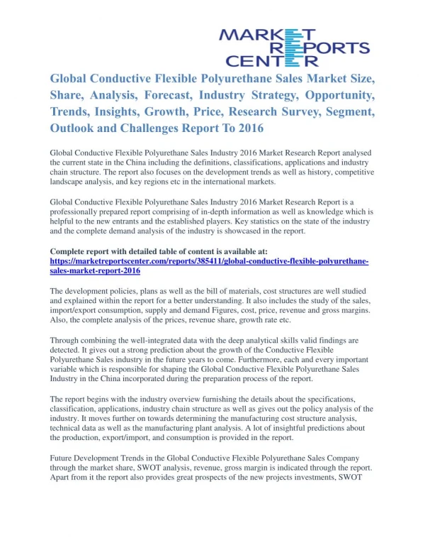 Conductive Flexible Polyurethane Sales Market Analysis And Industry Size To 2016