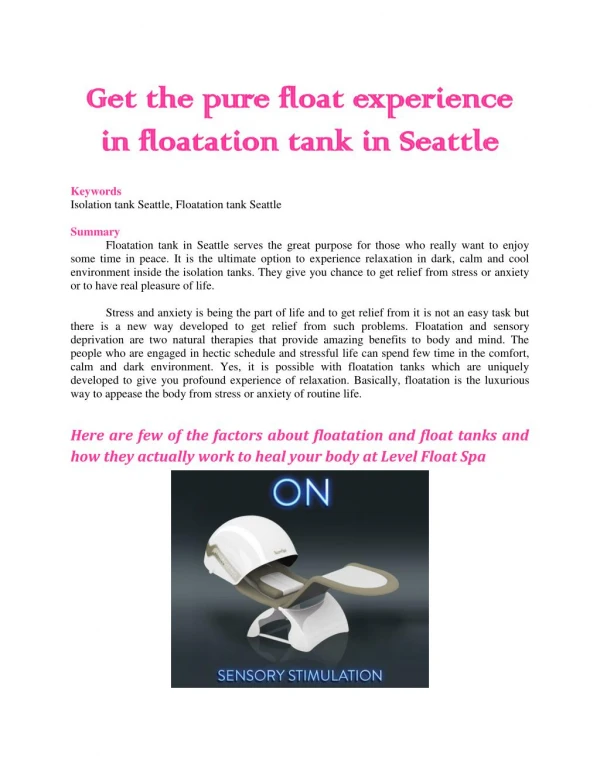 Get the pure float experience in floatation tank in Seattle