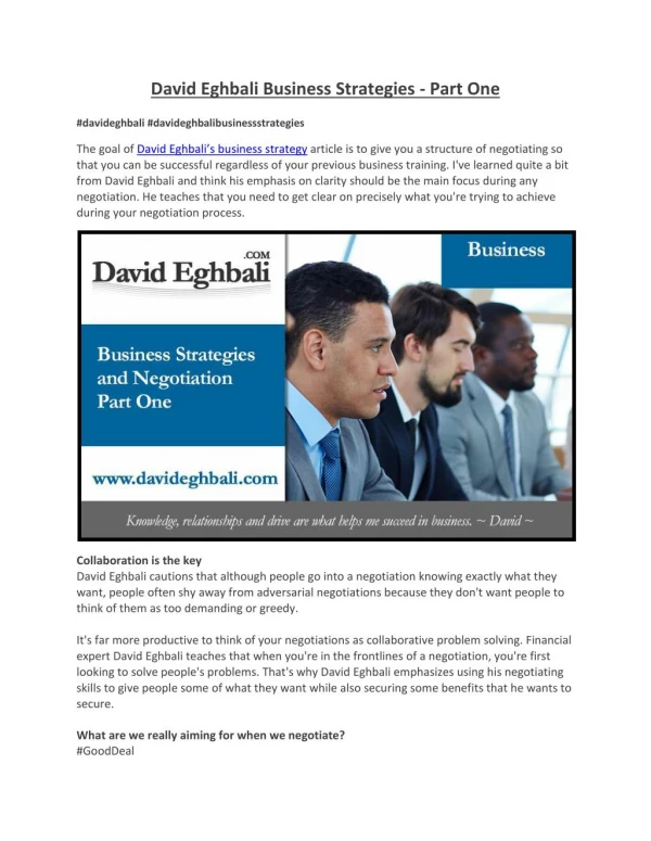 David Eghbali Business Strategies - Part One