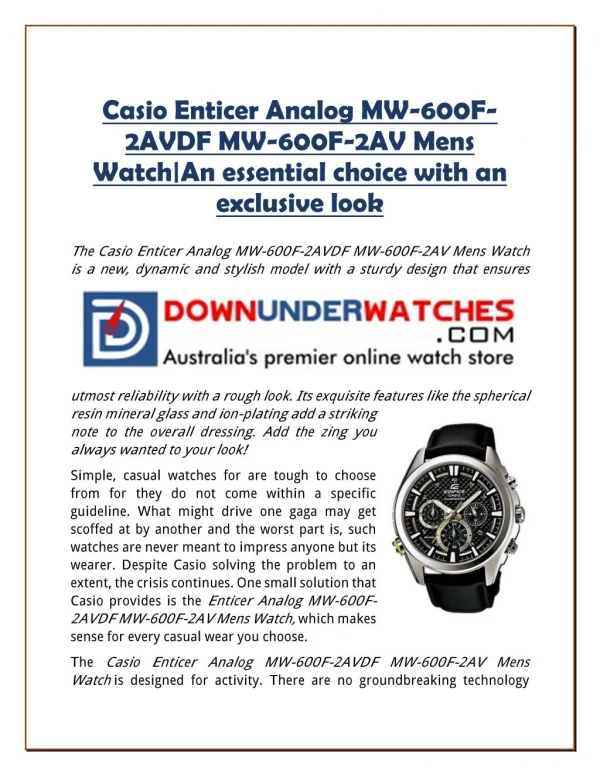 Casio Enticer Analog MW-600F-2AVDF MW-600F-2AV Mens Watch|An essential choice with an exclusive look