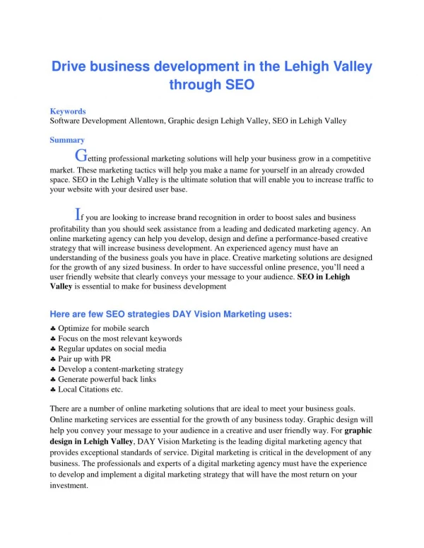 Drive business development in the Lehigh Valley through SEO