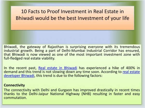 10 Facts to Proof Investment in Real Estate in Bhiwadi would be the best Investment of your life