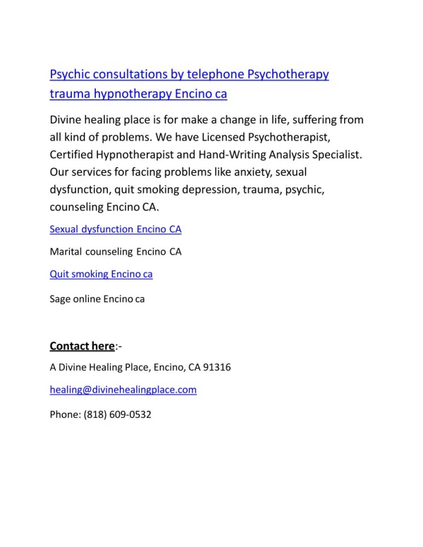 Psychic consultations by telephone Psychotherapy trauma hypnotherapy Encino ca