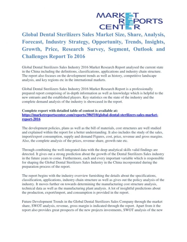 Dental Sterilizers Sales Market Segmentation and Forecast To 2016