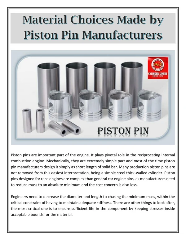 Material Choices Made by Piston Pin Manufacturers