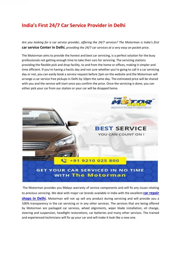 India’s First 24/7 Car Service Provider in Delhi