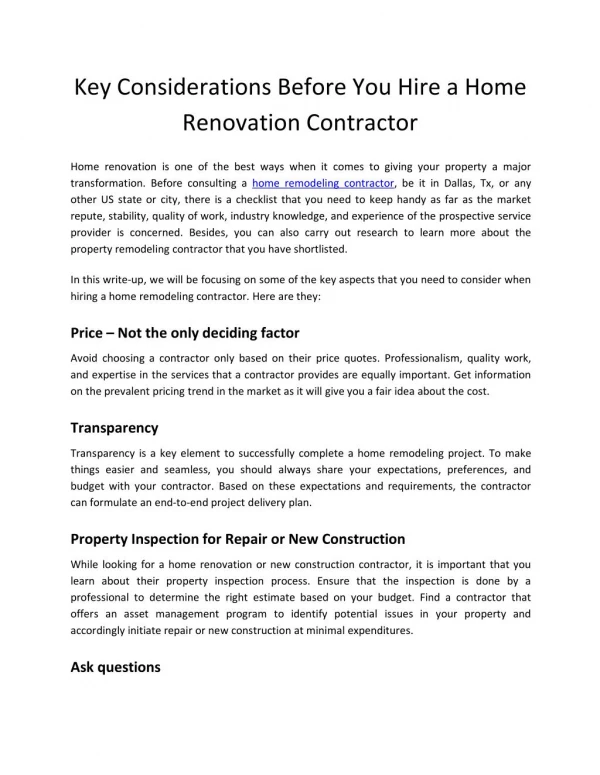 Key Considerations Before You Hire a Home Renovation Contractor