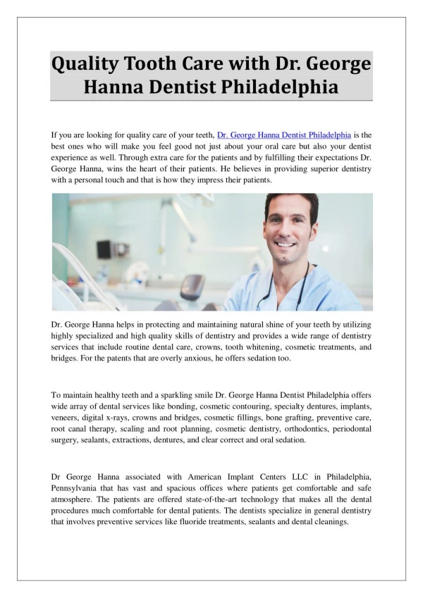 Quality Tooth Care with Dr. George Hanna Dentist Philadelphia