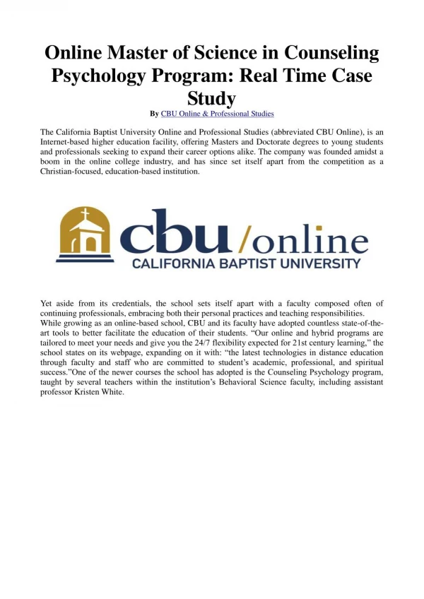 Online Master of Science in Counseling Psychology Program: Real Time Case Study