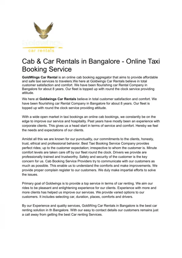 Online Taxi Booking Whitefield - GoldWings