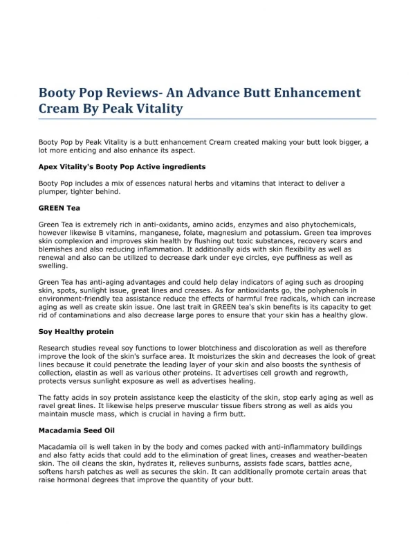 Booty Pop Reviews- An Advance Butt Enhancement Cream By Peak Vitality