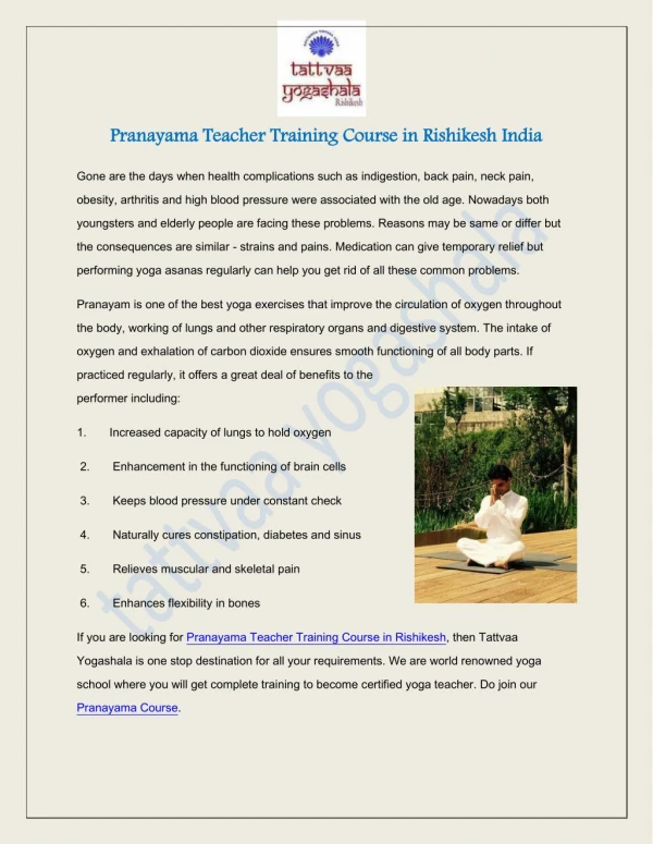 Pranayama Teacher Training Course in Rishikesh India