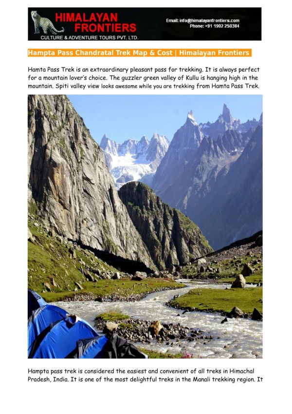 Hampta Pass Chandratal Trek Map & Cost - Himalayan Frontiers