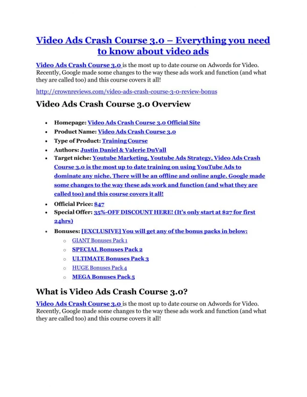 Video Ads Crash Course 3.0 review and MEGA $38,000 Bonus - 80% Discount