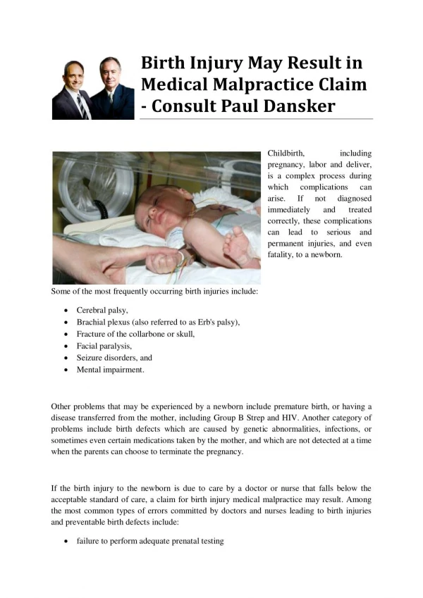 Birth Injury May Result in Medical Malpractice Claim - Consult Paul Dansker