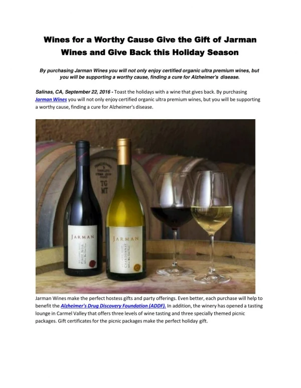 Wines for a Worthy Cause Give the Gift of Jarman Wines and Give Back this Holiday Season