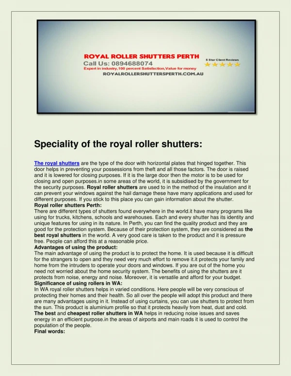 Royal roller shutters perth