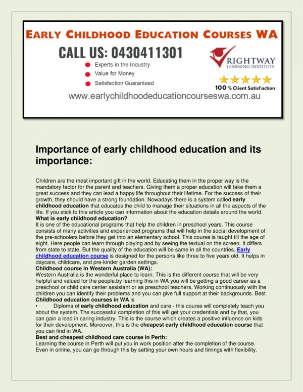 Early Childhood Education Courses WA