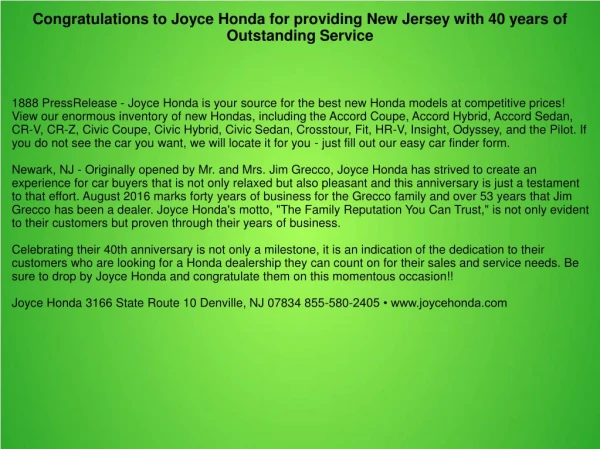 Congratulations to Joyce Honda for providing New Jersey with 40 years of Outstanding Service