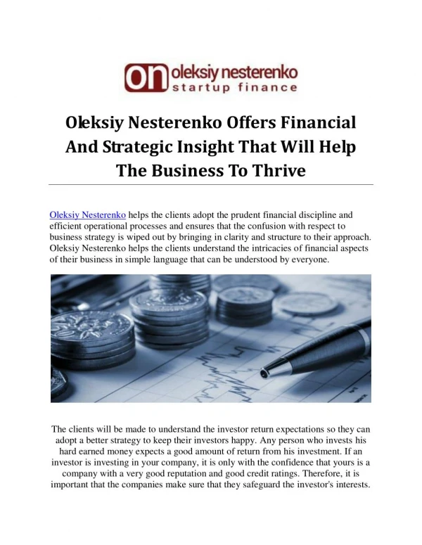 Oleksiy Nesterenko Offers Financial And Strategic Insight That Will Help The Business To Thrive