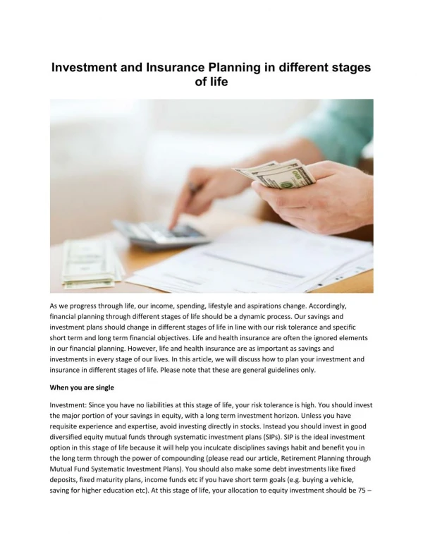Investment and Insurance Planning in different stages of life