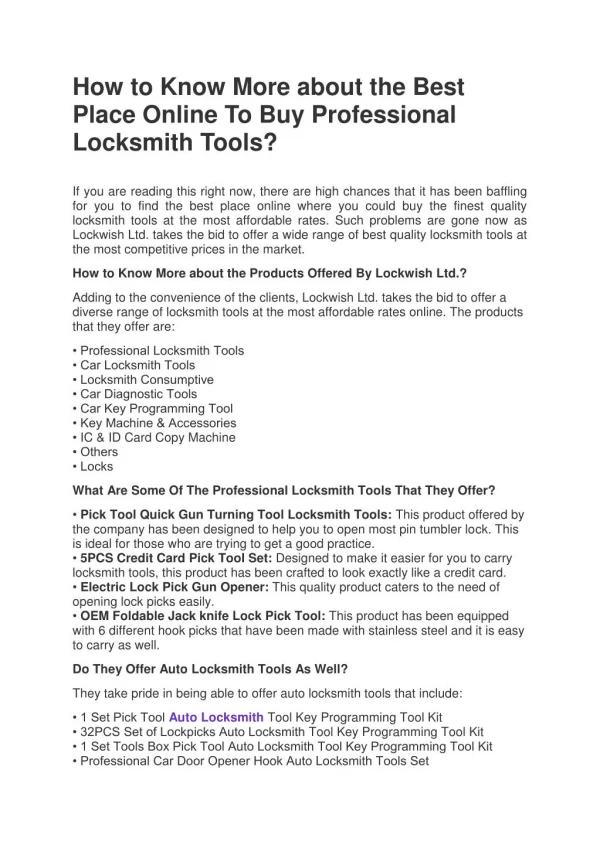 How to Know More about the Best Place Online To Buy Professional Locksmith Tools?
