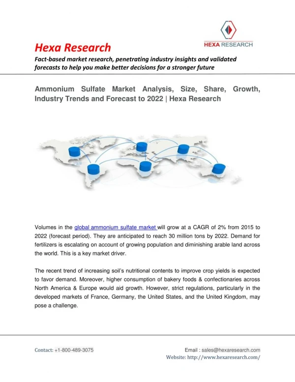 Ammonium Sulfate Market Analysis, Size, Share, Growth, Industry Trends and Forecast to 2022 | Hexa Research