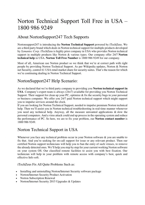 Norton Technical Support Toll Free in USA