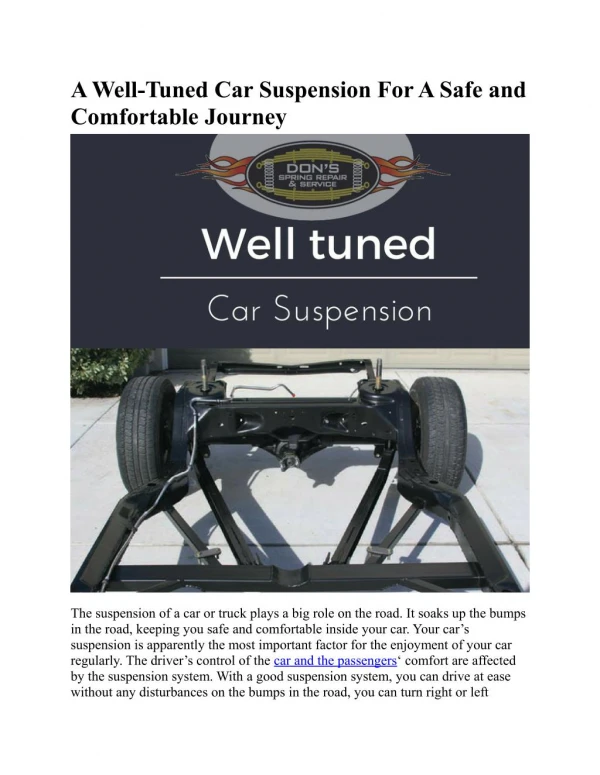 A Well-Tuned Car Suspension For A Safe and Comfortable Journey