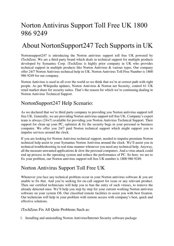 Norton Antivirus Support Toll Free in UK