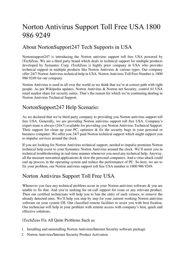 Norton Antivirus Support Toll Free in USA