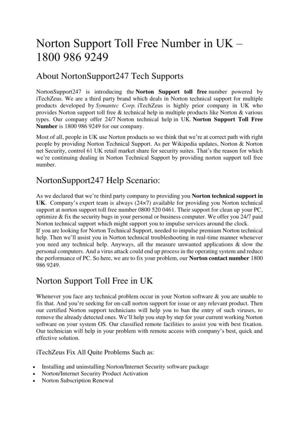 Norton Support Toll Free in UK