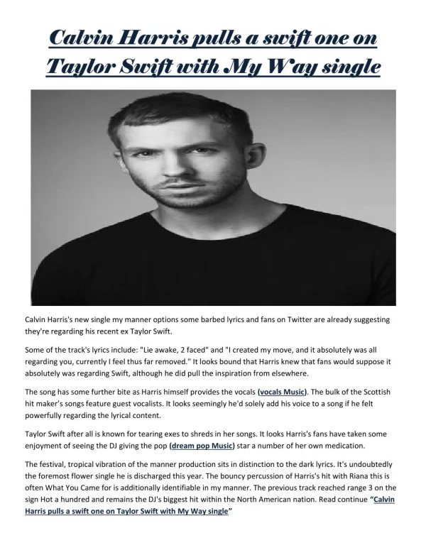Calvin Harris pulls a swift one on Taylor Swift with My Way single