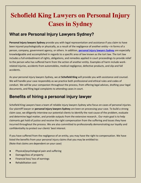 Schofield King Lawyers on Personal Injury Cases in Sydney