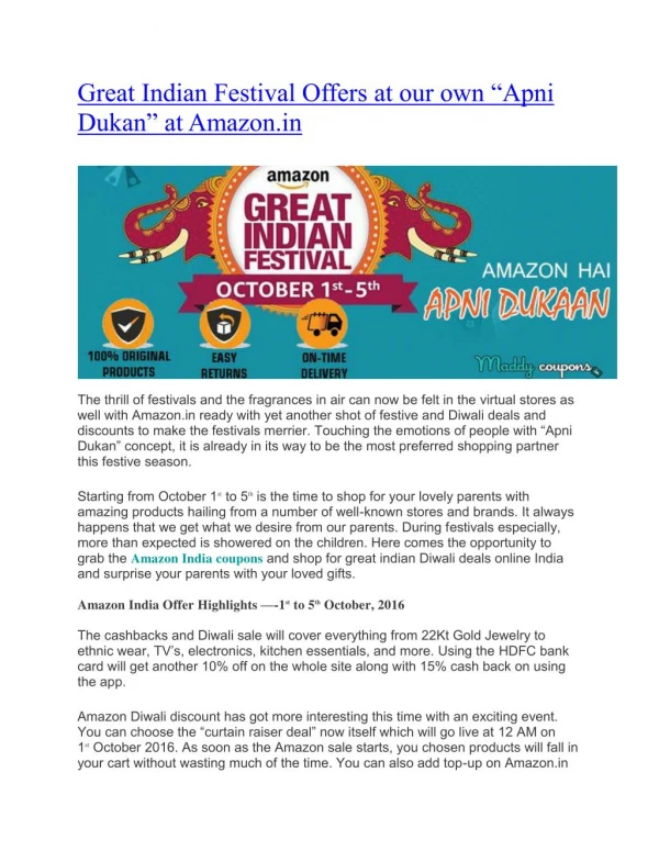 Amazon Great Indian Festival Offers - [October 1st to 5th]