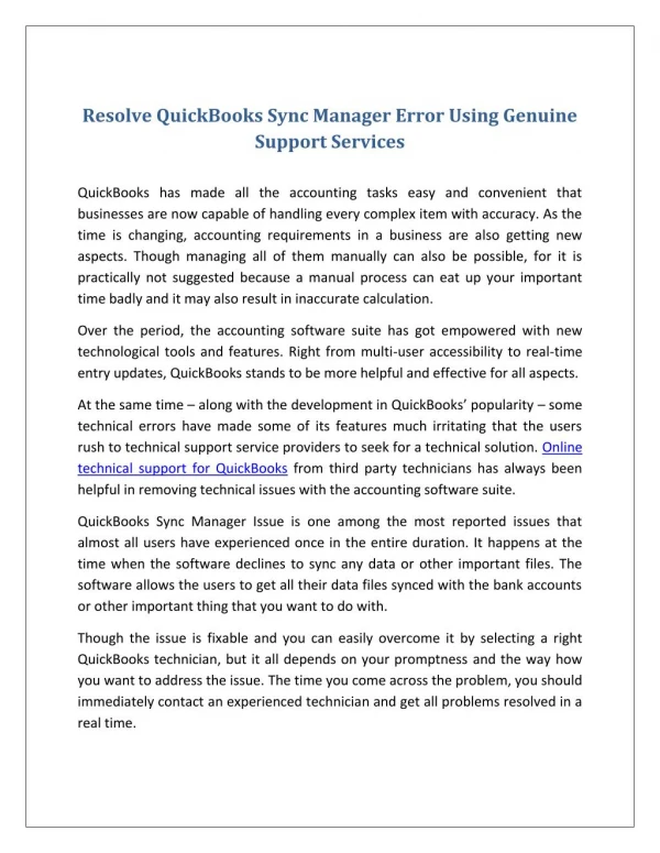 Resolve QuickBooks Sync Manager Error Using Genuine Support Services