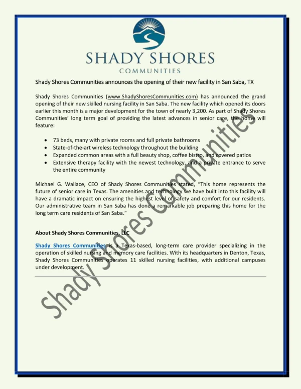 Shady Shores Communities announces the opening of their new facility in San Saba, TX