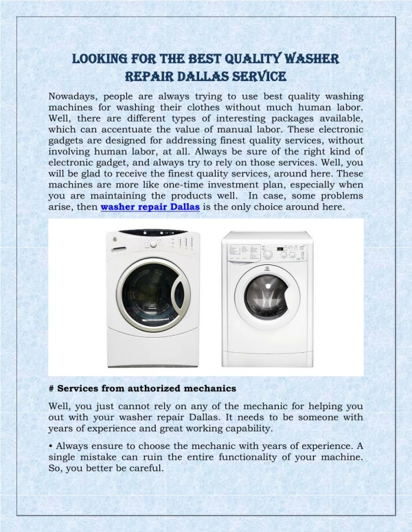 Looking For The Best Quality Washer Repair Dallas Service